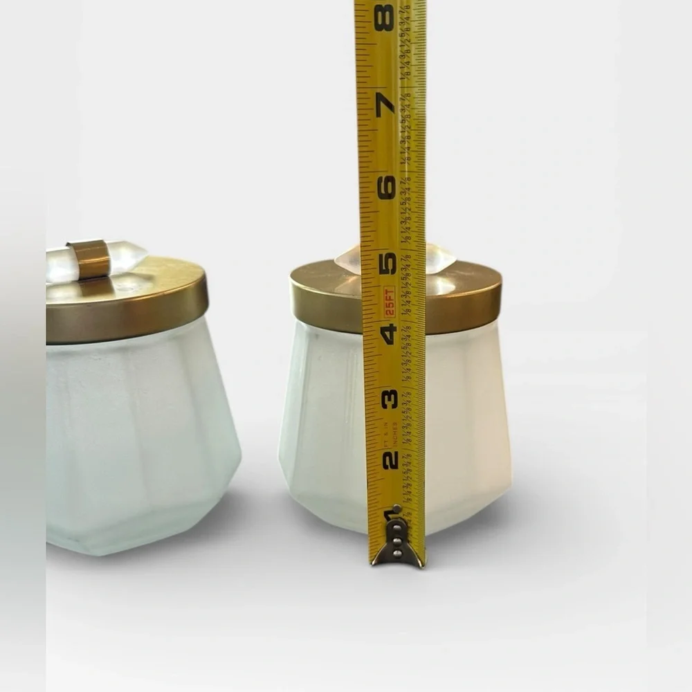 2 Matte Frosted White Glasses With Gold Lid and Frosted Gem Shape Handle